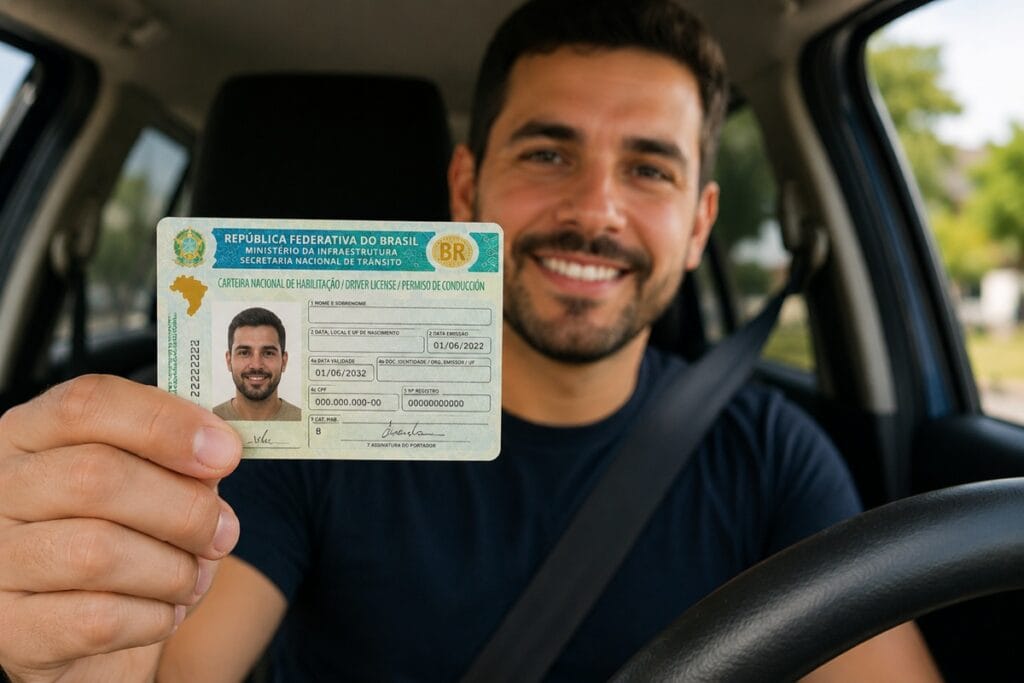 Condutor no veículo exibindo sua Carteira Nacional de Habilitação (CNH)